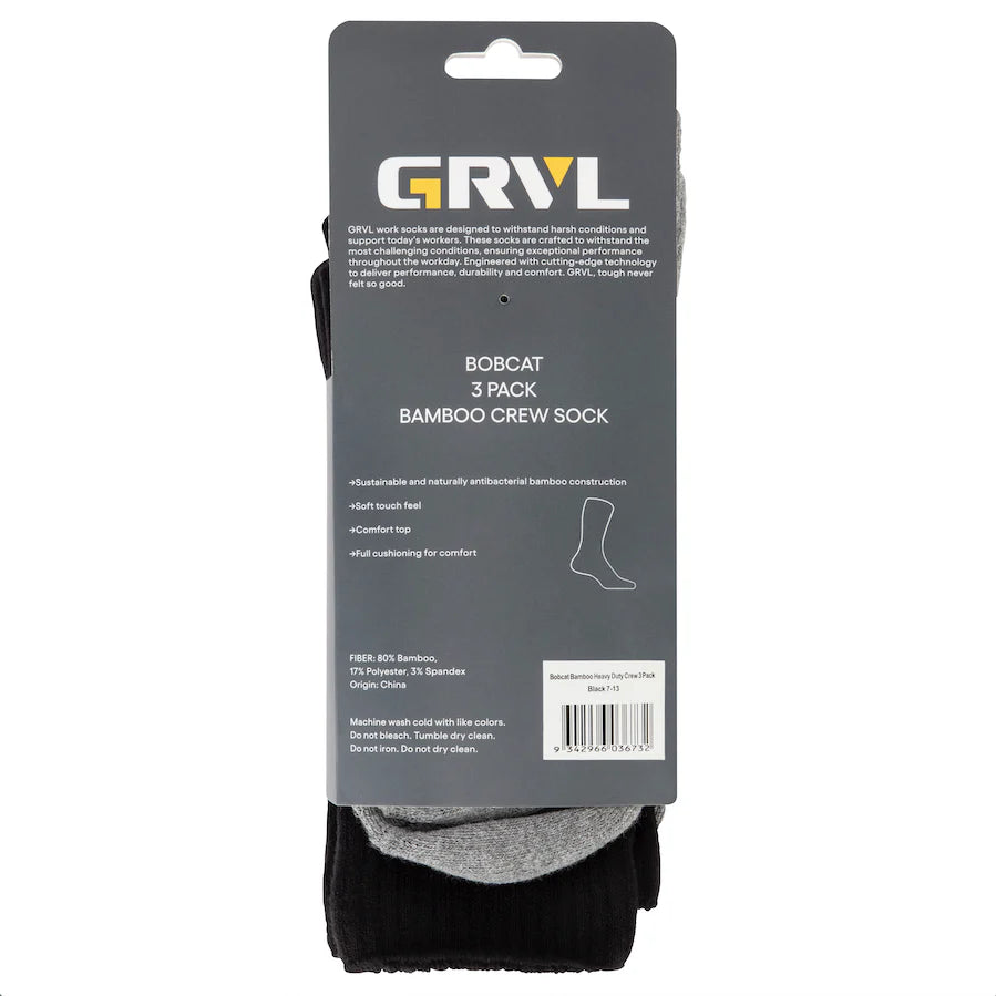 GRVL BOBCAT BAMBOO HEAVY DUTY CREW SOCKS 3PK - BLACK