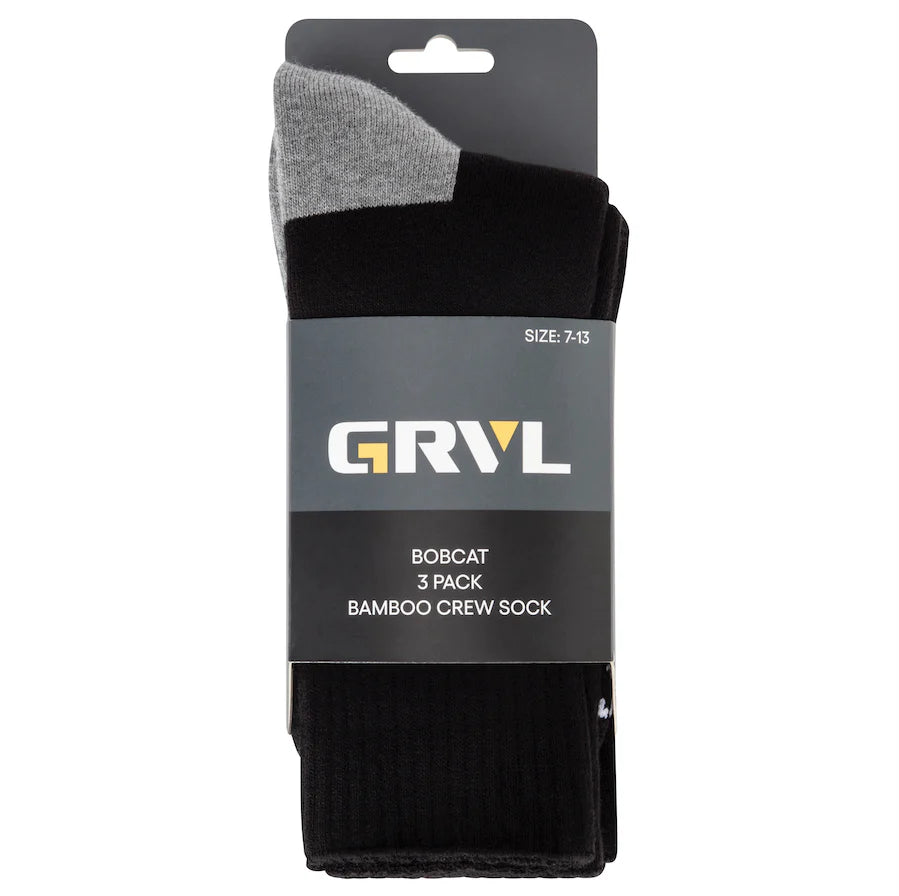 GRVL BOBCAT BAMBOO HEAVY DUTY CREW SOCKS 3PK - BLACK