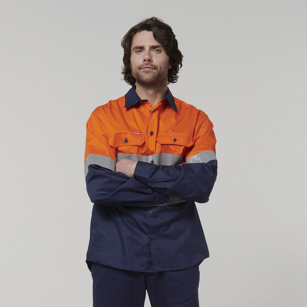 HARD YAKKA CORE HI-VIS LONG SLEEVE 2 TONE TAPED VENTED COTTON SHIRT