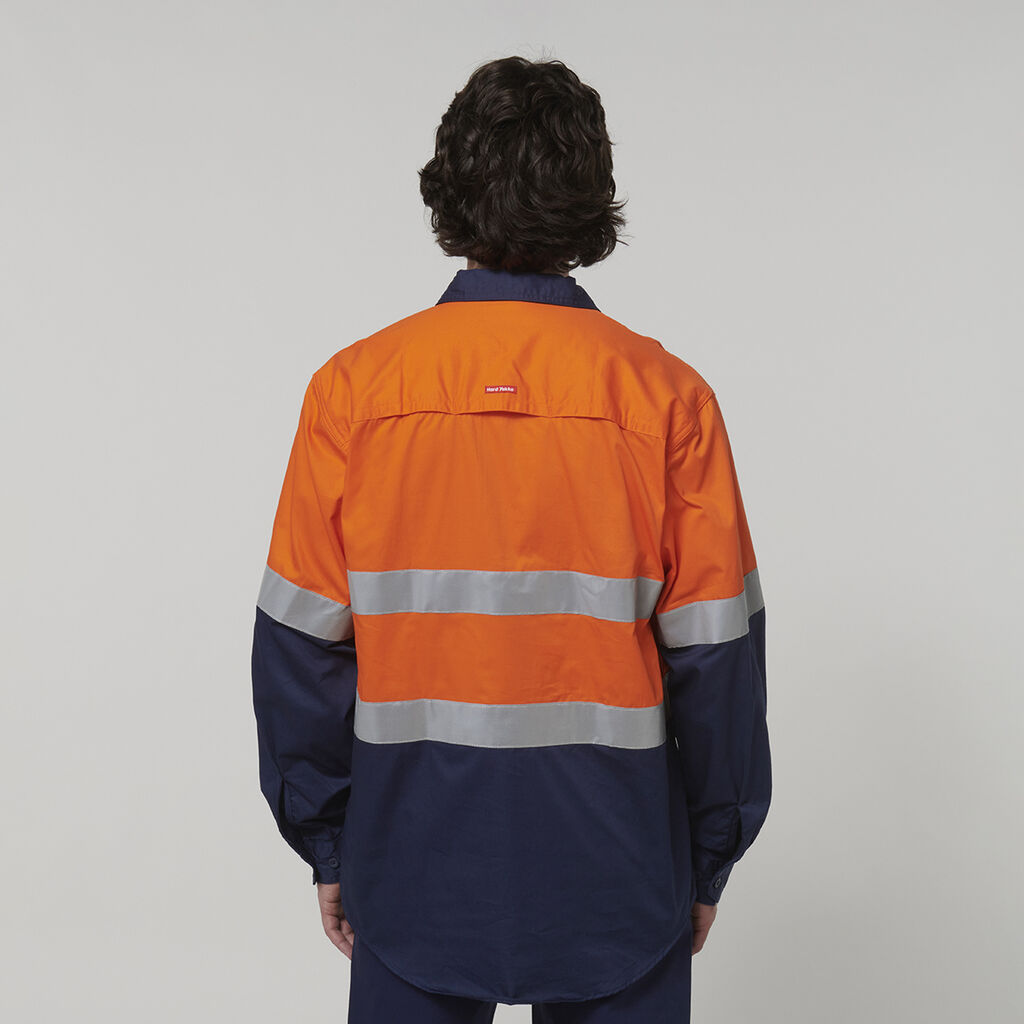 HARD YAKKA CORE HI VIS L/S 2 TONE TAPED VENTED COTTON SHIRT