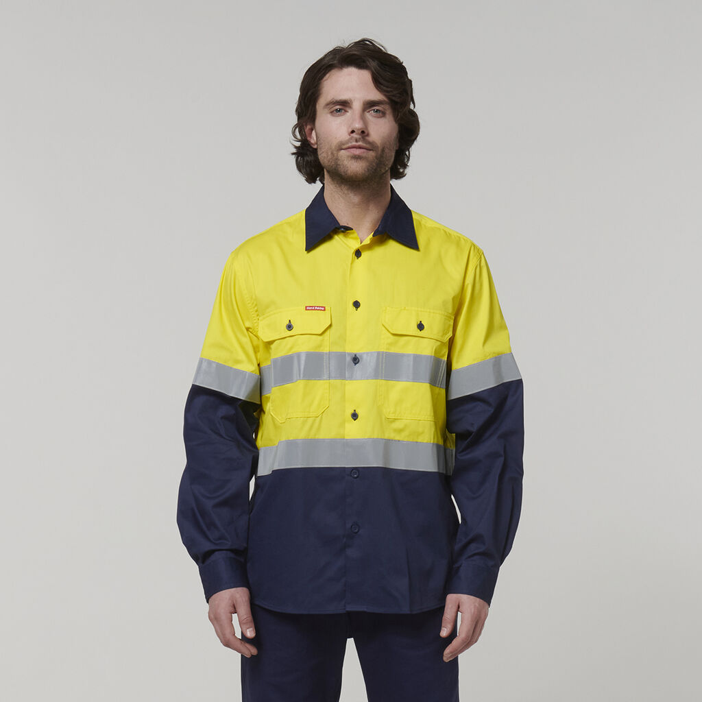 HARD YAKKA CORE HI VIS L/S 2 TONE TAPED VENTED COTTON SHIRT