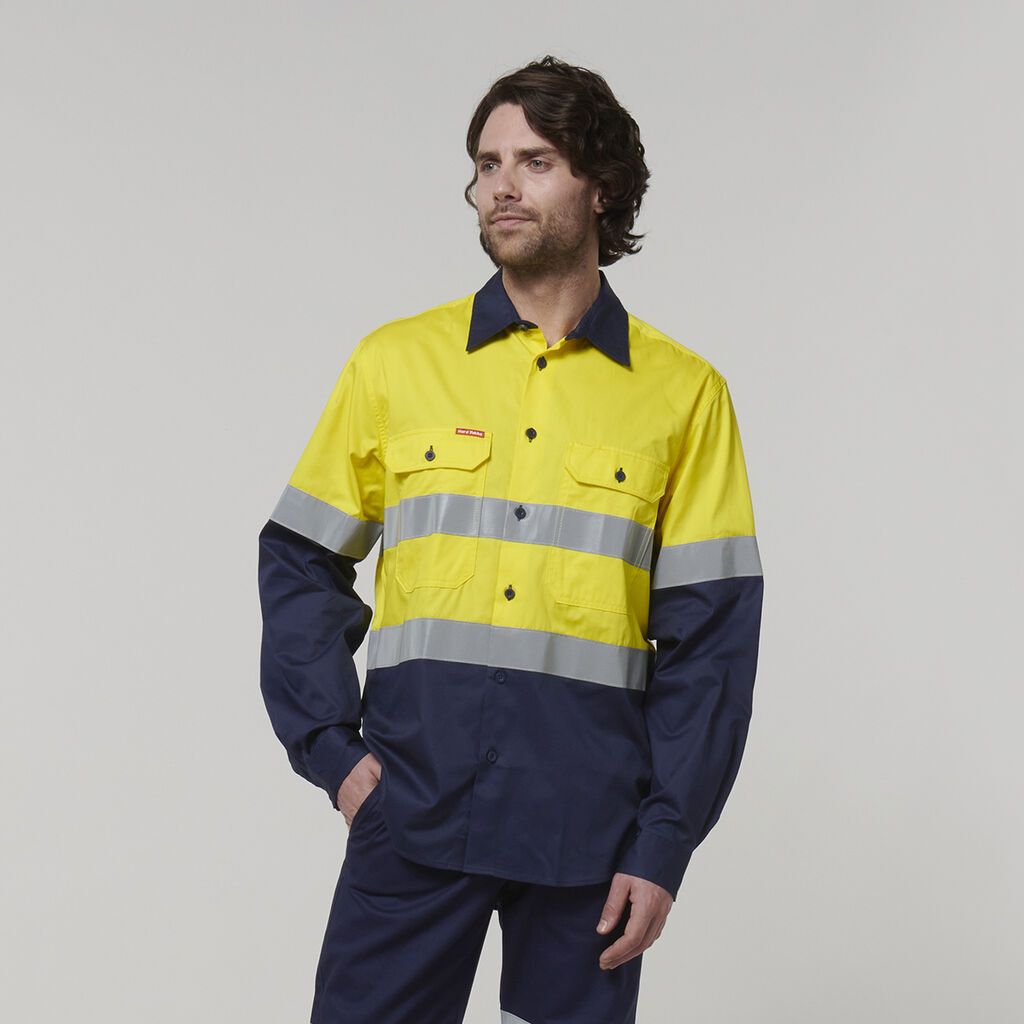 HARD YAKKA CORE HI-VIS LONG SLEEVE 2 TONE TAPED VENTED COTTON SHIRT