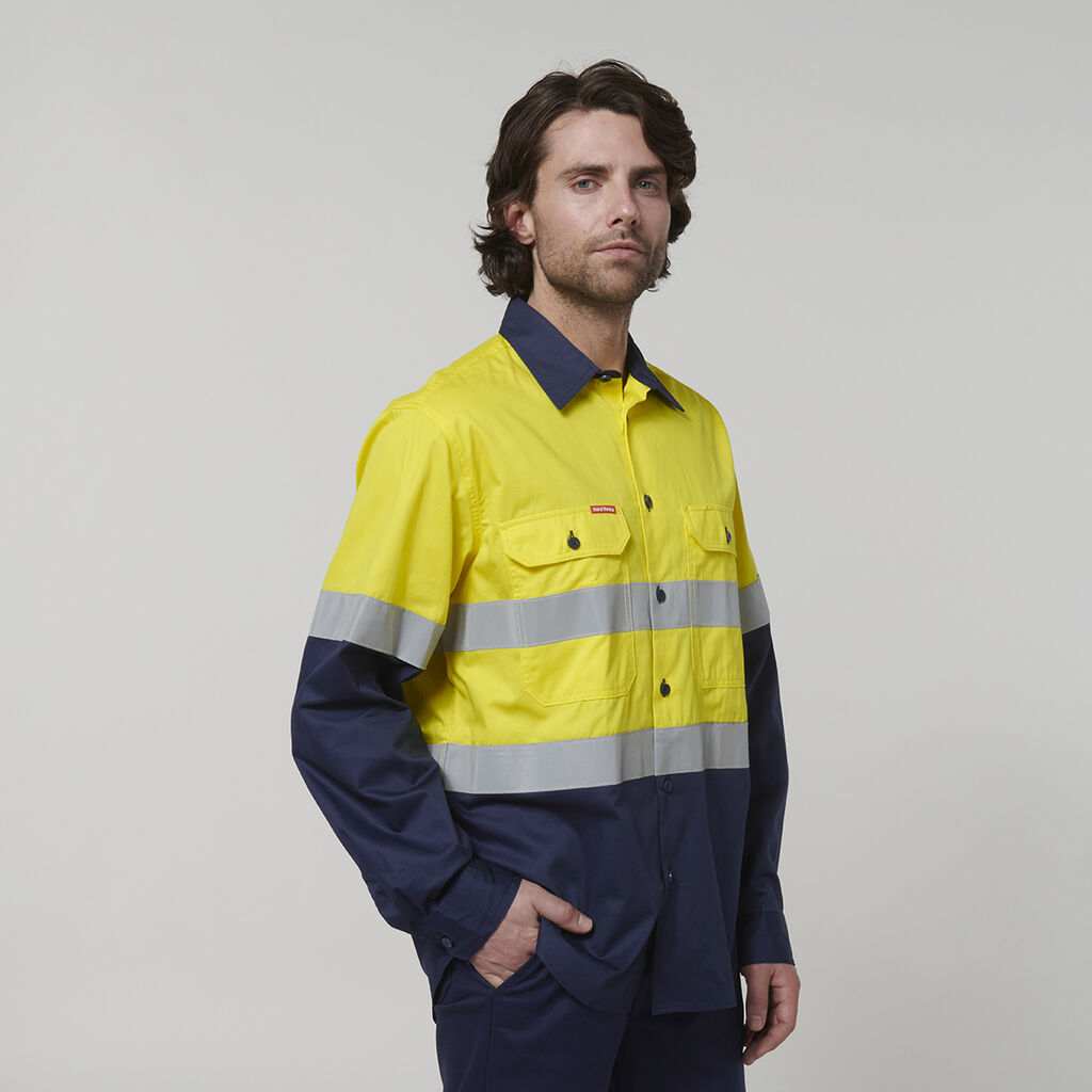 HARD YAKKA CORE HI-VIS LONG SLEEVE 2 TONE TAPED VENTED COTTON SHIRT