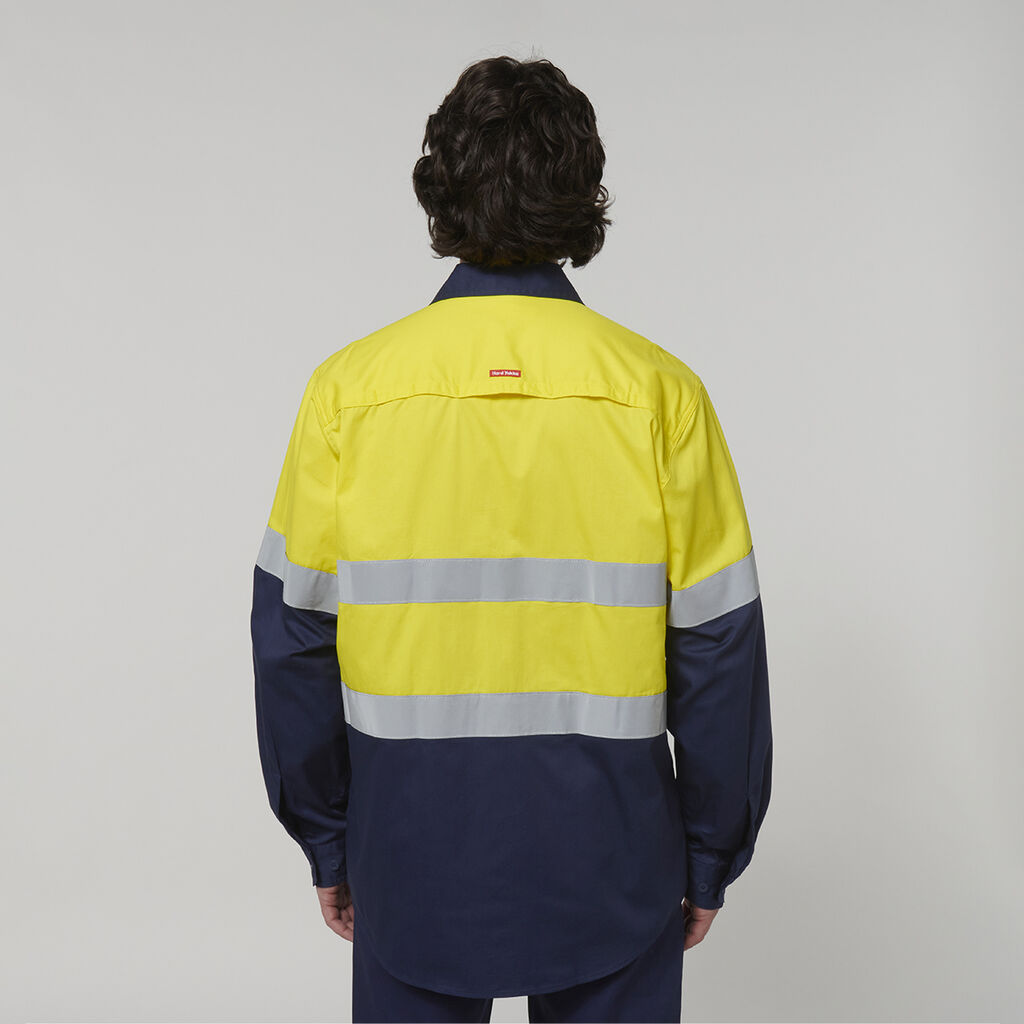 HARD YAKKA CORE HI VIS L/S 2 TONE TAPED VENTED COTTON SHIRT