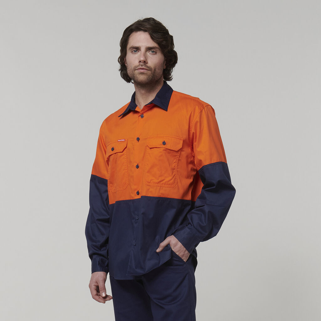 HARD YAKKA CORE HI VIS L/S 2 TONE VENTED COTTON SHIRT