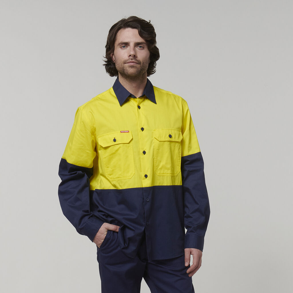 HARD YAKKA CORE HI VIS L/S 2 TONE VENTED COTTON SHIRT