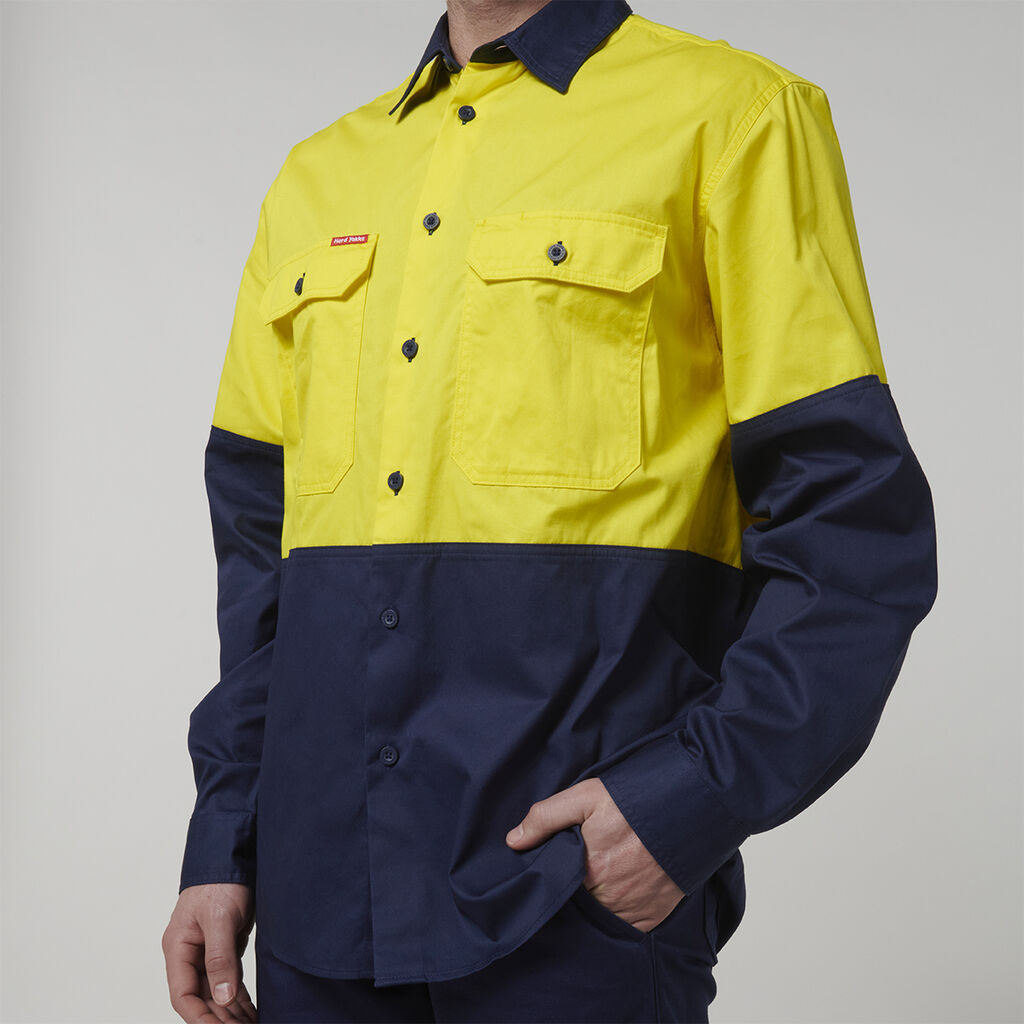 HARD YAKKA CORE HI VIS L/S 2 TONE VENTED COTTON SHIRT