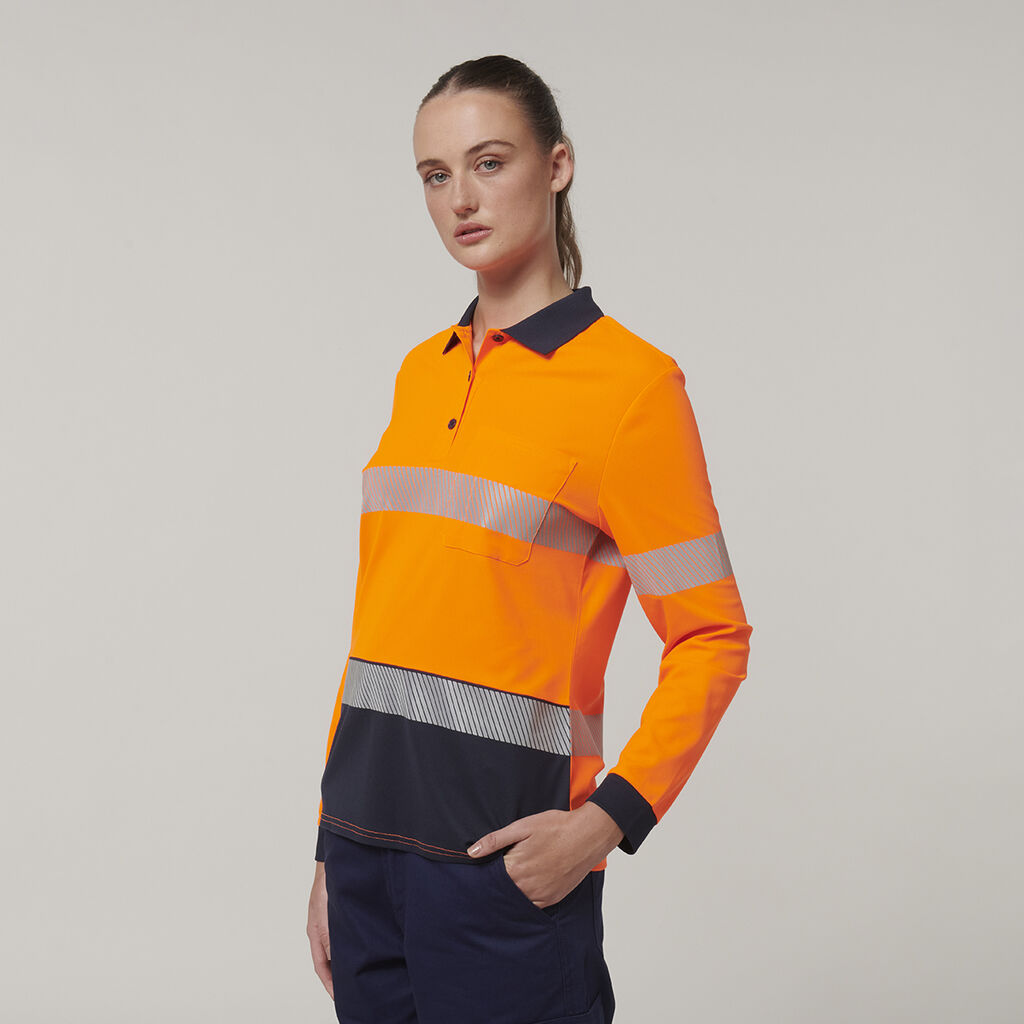 HARD YAKKA WOMENS L/S HI VIS TAPED POLO