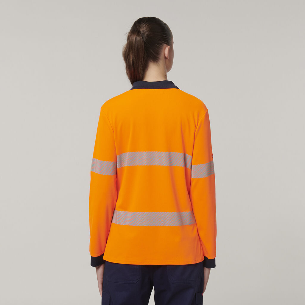 HARD YAKKA WOMENS L/S HI VIS TAPED POLO