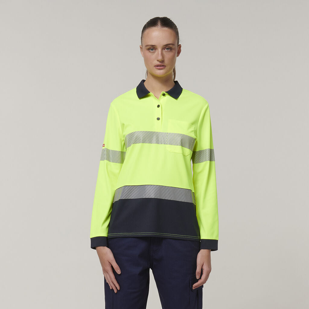 HARD YAKKA WOMENS L/S HI VIS TAPED POLO