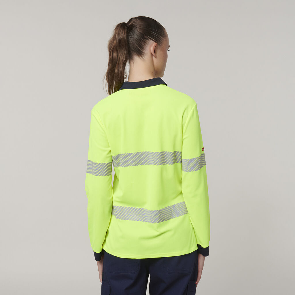 HARD YAKKA WOMENS L/S HI VIS TAPED POLO