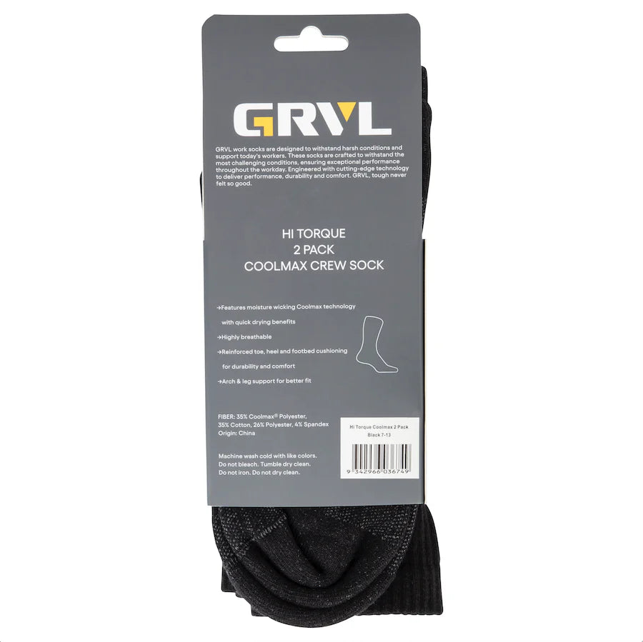 GRVL HI TORQUE COOLMAX CREW SOCK 2PK - BLACK