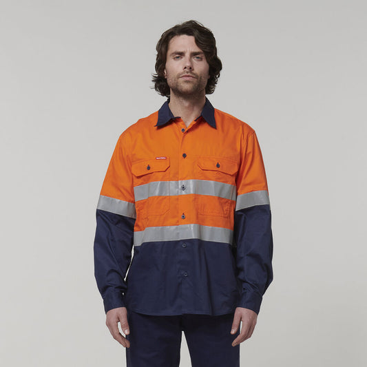 HARD YAKKA CORE HI-VIS LONG SLEEVE 2 TONE TAPED VENTED COTTON SHIRT